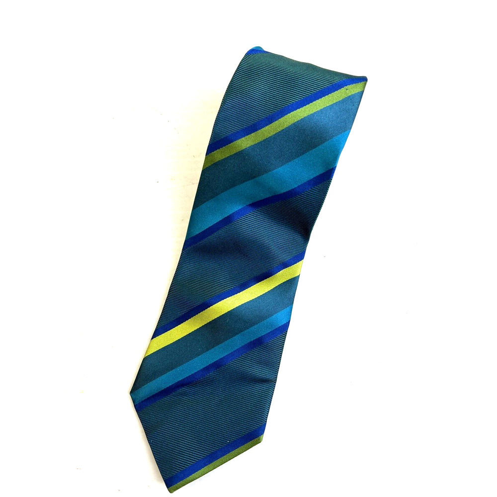 Kenneth Cole Reaction Silk Tie 3.5" W Blue Green Stripe Classic Preppy Work